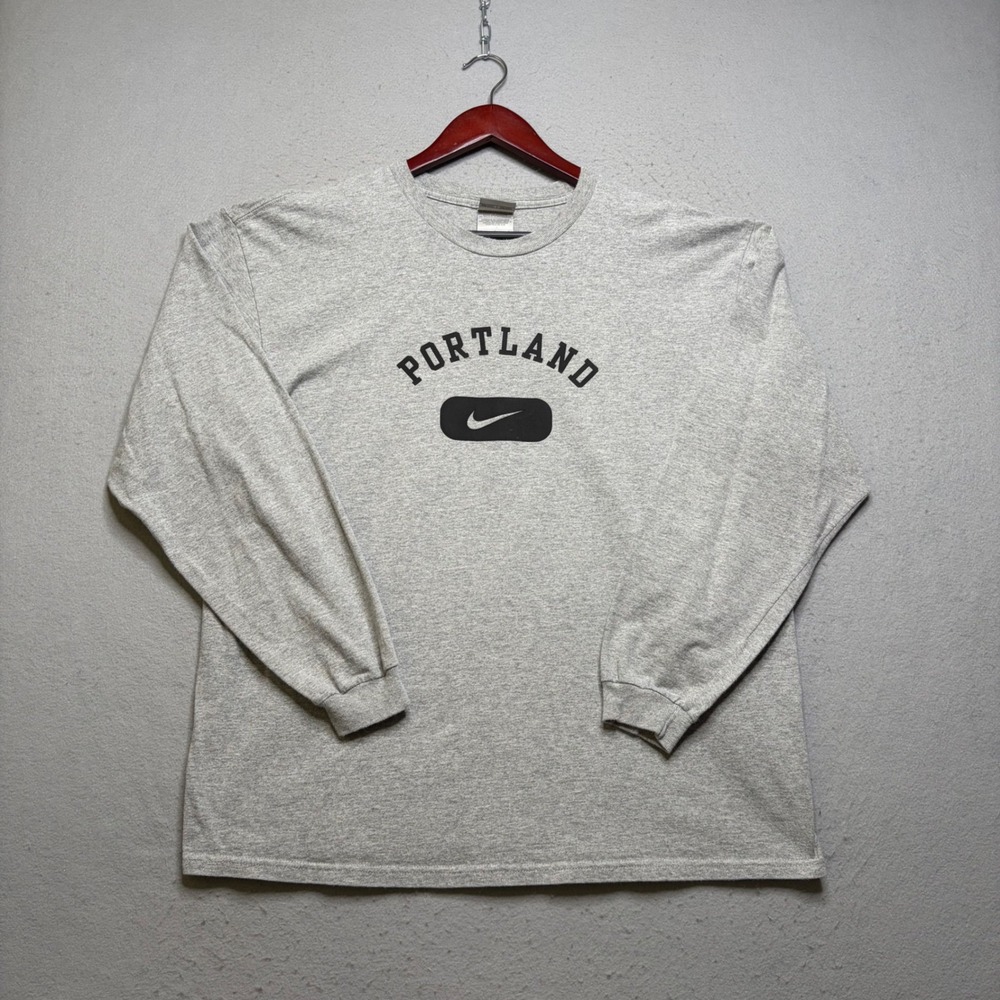 Nike T-Shirt Long Sleeve Mens Large Gray Portland Swoosh Graphic Y2K Vintage